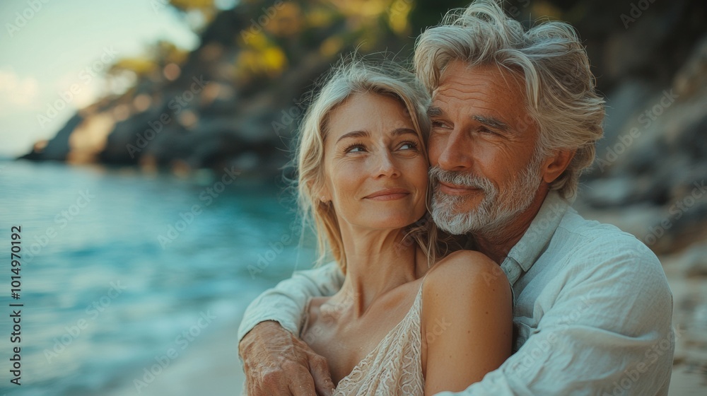 Smiling romantic senior couple in sunglasses at beach Smiling romantic senior couple in sunglasses at beach