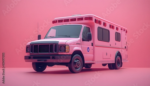 A charming 3D render of a cute white ambulance set against a soft pink background, designed to evoke feelings of warmth and care. This playful representation captures the essence of emergency services