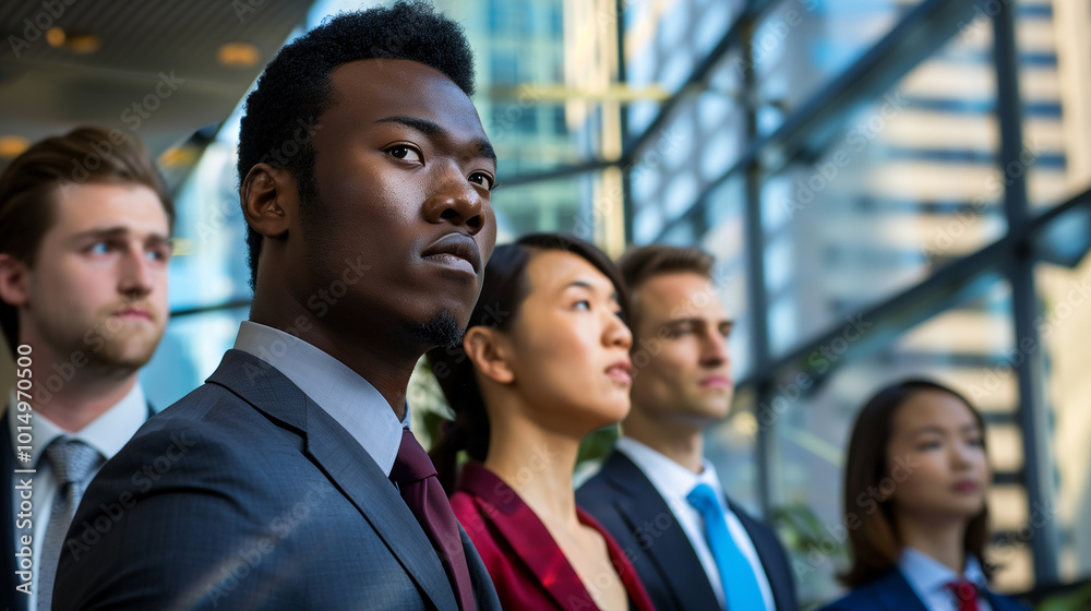 A Close-Up of Diverse Business Professionals in Modern Office Lobby, Emphasizing Confident Expressions and Dynamic Labor Market, with Blurred Urban Cityscape Background. A Close-Up of Diverse Business Professionals in Modern Office Lobby, Emphasizing Confident Expressions and Dynamic Labor Market, with Blurred Urban Cityscape Background.