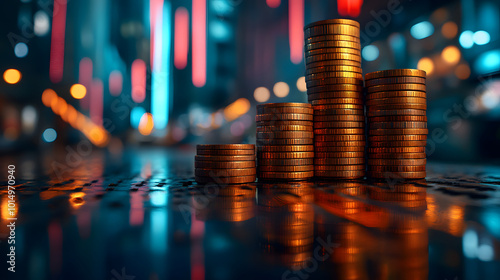 A focused photograph featuring coins and a stock market chart on a table, with a blurred background that emphasizes the financial theme. This image captures the essence of investment and economic acti photo