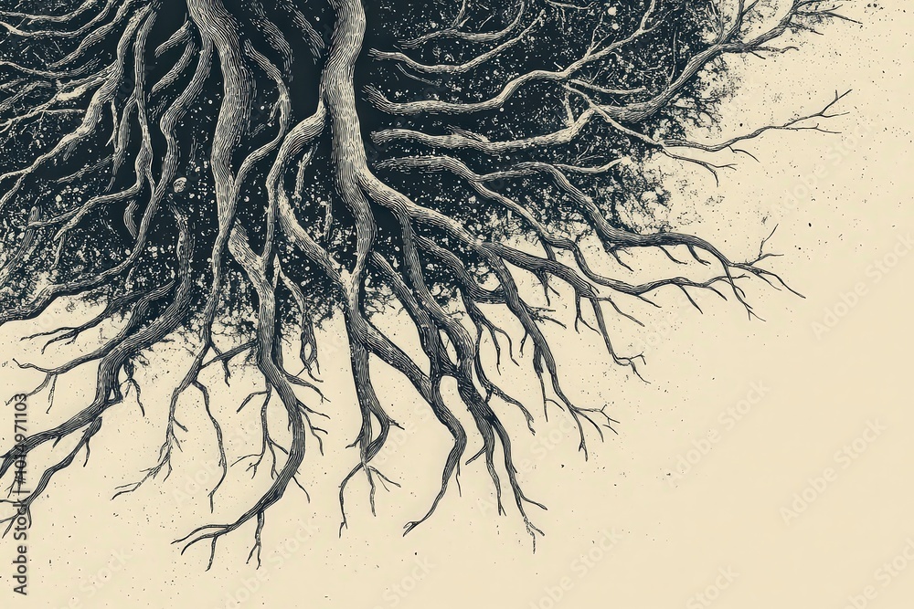 Fototapeta premium Intricate tree roots illustration on neutral background