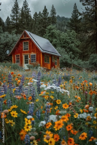 Cozy cabin surrounded by vibrant wildflowers, perfect for nature escapes and rustic retreats