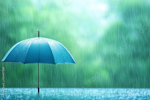 A solitary blue umbrella stands out in heavy rain amidst a lush green background
