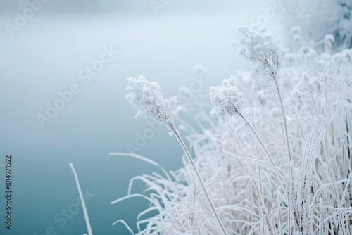 The riverbank, reeds and grasses at the water's edge are covered with delicate frost, a cold morning.