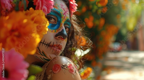 A woman with colorful face paint and flowers in her hair, possibly from a cultural or ethnic celebration