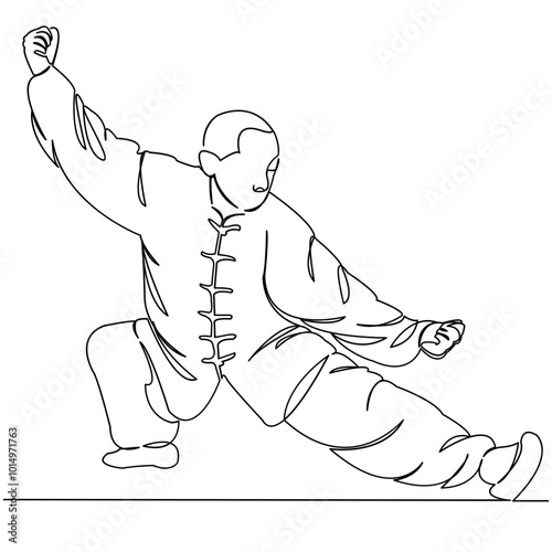 One continuous single drawing line art doodle qigong, chinese, exercise, people, health, sport, concentration, spirituality. Isolated flat illustration hand draw contour on a white background
