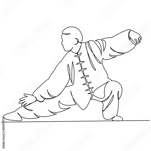 One continuous single drawing line art doodle qigong, chinese, exercise, people, health, sport, concentration, spirituality. Isolated flat illustration hand draw contour on a white background

