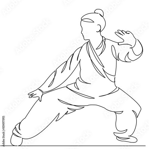 One continuous single drawing line art doodle qigong, chinese, exercise, people, health, sport, concentration, spirituality. Isolated flat illustration hand draw contour on a white background
