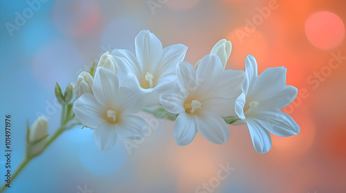 A macro shot of white tuberose flowers a blurred soft color background