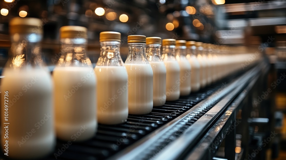 A row of glass bottles filled with milk on a production line in a factory, showcasing the bottling process.