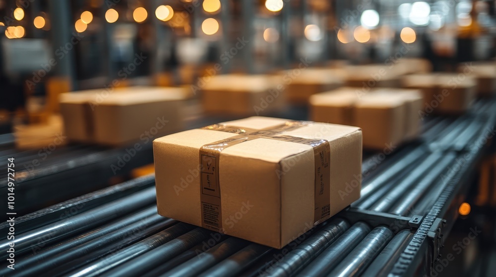 A brown package resting on a conveyor belt in a busy warehouse, with soft, warm lights in the background enhancing the industrial atmosphere. A brown package resting on a conveyor belt in a busy warehouse, with soft, warm lights in the background enhancing the industrial atmosphere.