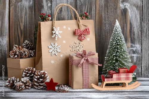 A Christmas gift bag and a box made of kraft paper, a handmade Christmas tree, a sled and pine cones on a wooden background. Christmas and New Year decorations. Gift delivery. photo