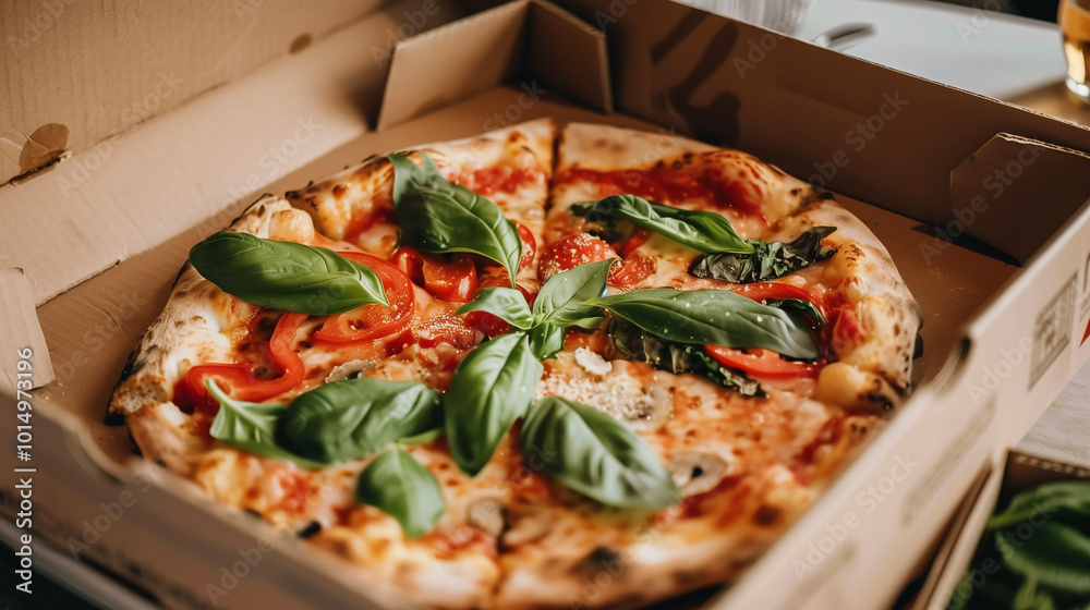 A box containing Margherita pizza topped with basil. Delicious and nutritious meal. A box containing Margherita pizza topped with basil. Delicious and nutritious meal.