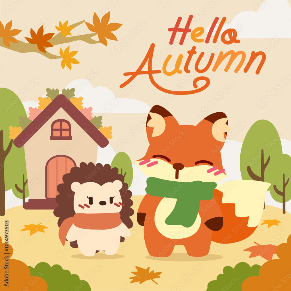 Obraz premium Cute Fox and Hedgehog with Scarves Celebrating Fall. A autumn illustration of a fox and hedgehog wearing scarves, standing outside a little woodland house surrounded by colorful fall leaves and trees.