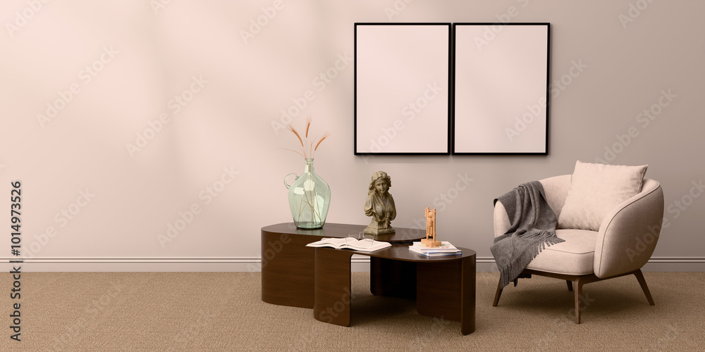 Stylish armchair setup with bold cushions and fresh plant, creating a cheerful and inviting atmosphere. Mock up poster frame. Stylish armchair setup with bold cushions and fresh plant, creating a cheerful and inviting atmosphere. Mock up poster frame.
