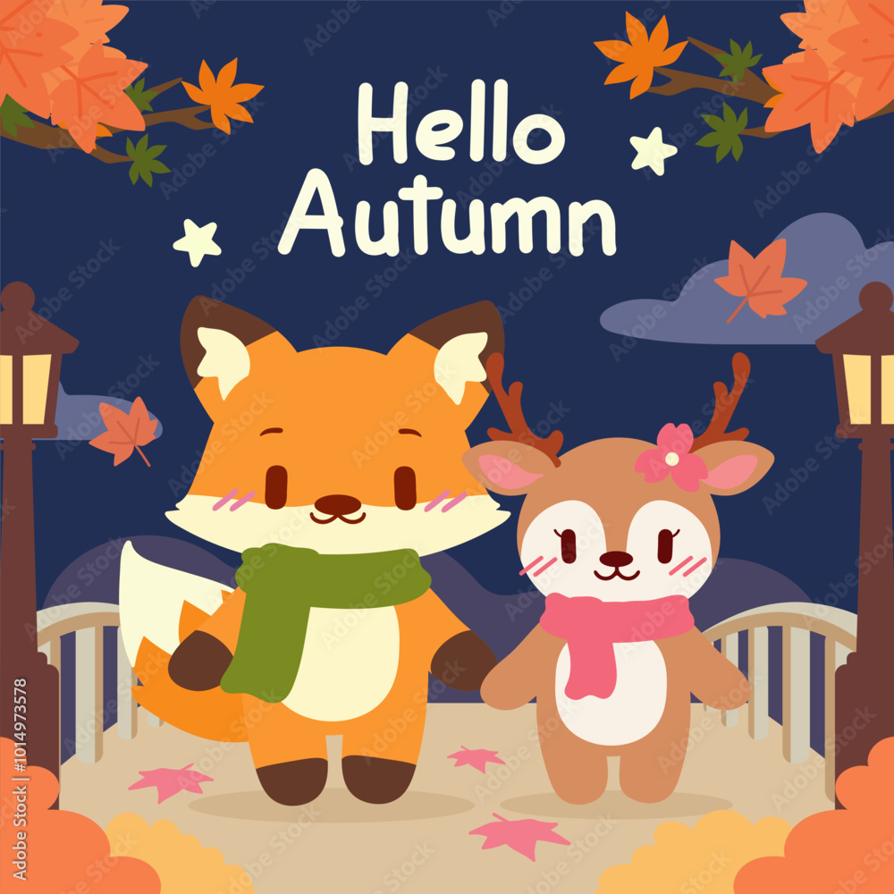 Fototapeta premium A cute fox and deer strolling together under a crisp night sky, surrounded by glowing lampposts and falling leaves.
