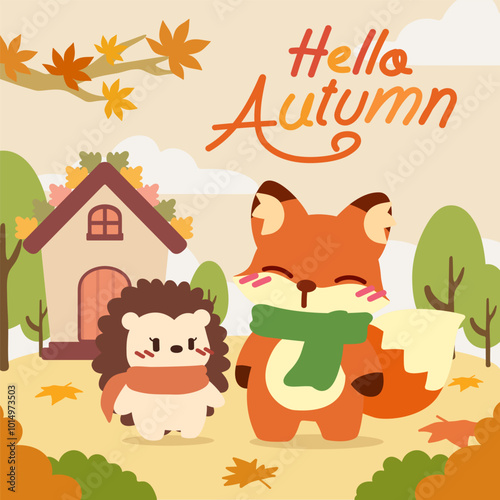 Cute Fox and Hedgehog with Scarves Celebrating Fall. A autumn illustration of a fox and hedgehog wearing scarves, standing outside a little woodland house surrounded by colorful fall leaves and trees.