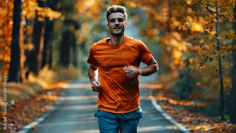 A man is running on a forest path surrounded by trees with autumn foliage. He wears an orange shirt and looks focused. A man is running on a forest path surrounded by trees with autumn foliage. He wears an orange shirt and looks focused.