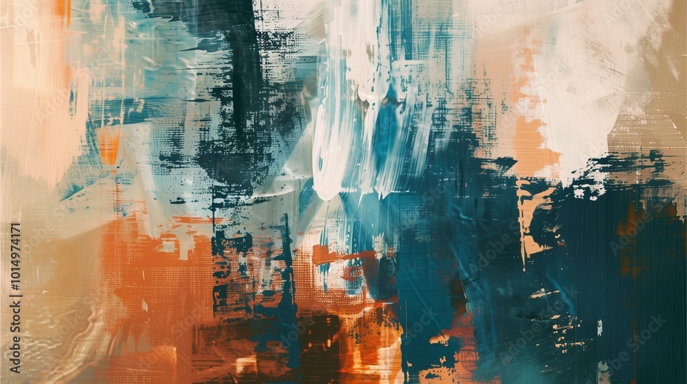 Layered abstract painting with thick brushstrokes, featuring a mix of warm earth tones and cool blues, designed to evoke emotion and texture Layered abstract painting with thick brushstrokes, featuring a mix of warm earth tones and cool blues, designed to evoke emotion and texture