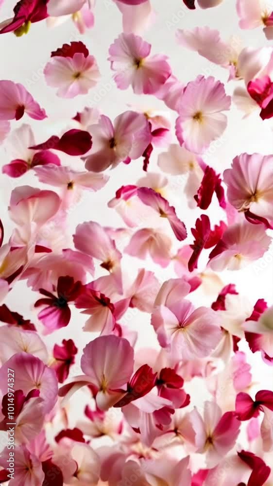 Pluie de pétales de fleurs roses et rouges flottant dans l'air