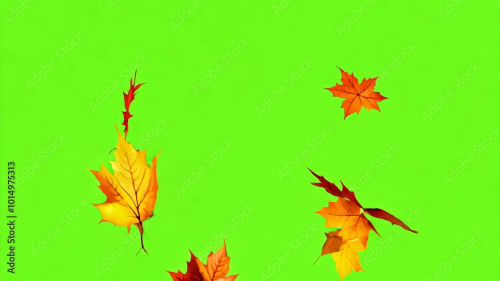 Autumn orange dry leaves falling from tree on green screen background. Yellow leaf fall on chromakey. Seasonal design template. Nature transition. Colorful chroma key. Autumn orange dry leaves falling from tree on green screen background. Yellow leaf fall on chromakey. Seasonal design template. Nature transition. Colorful chroma key.