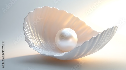 A single, large, white pearl rests inside a white seashell with soft, natural light illuminating it.