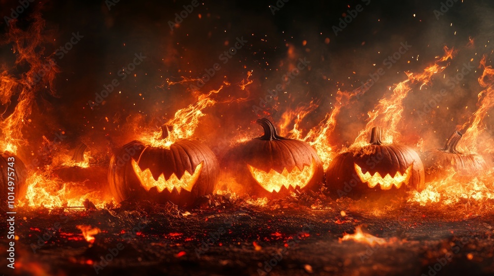 Fiery Jack-o'-lanterns on a Halloween night. Fiery Jack-o'-lanterns on a Halloween night.
