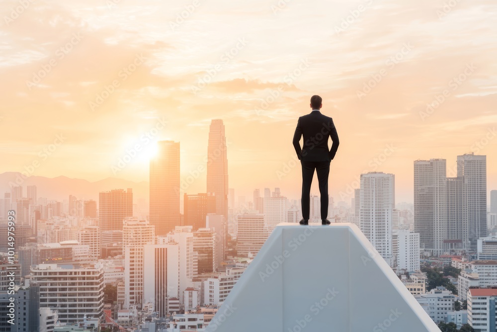 A man in a suit stands on a rooftop, gazing at a sunset over a vibrant city skyline. A man in a suit stands on a rooftop, gazing at a sunset over a vibrant city skyline.