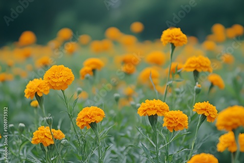 Close-up of Orange Marigolds Blooming in a Field