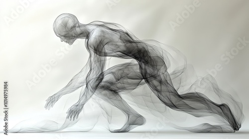 Illustration of an abstract human figure in motion, positioned at a side angle to capture the flow of lines and shapes. The background is a white canvas with soft natural lighting  photo