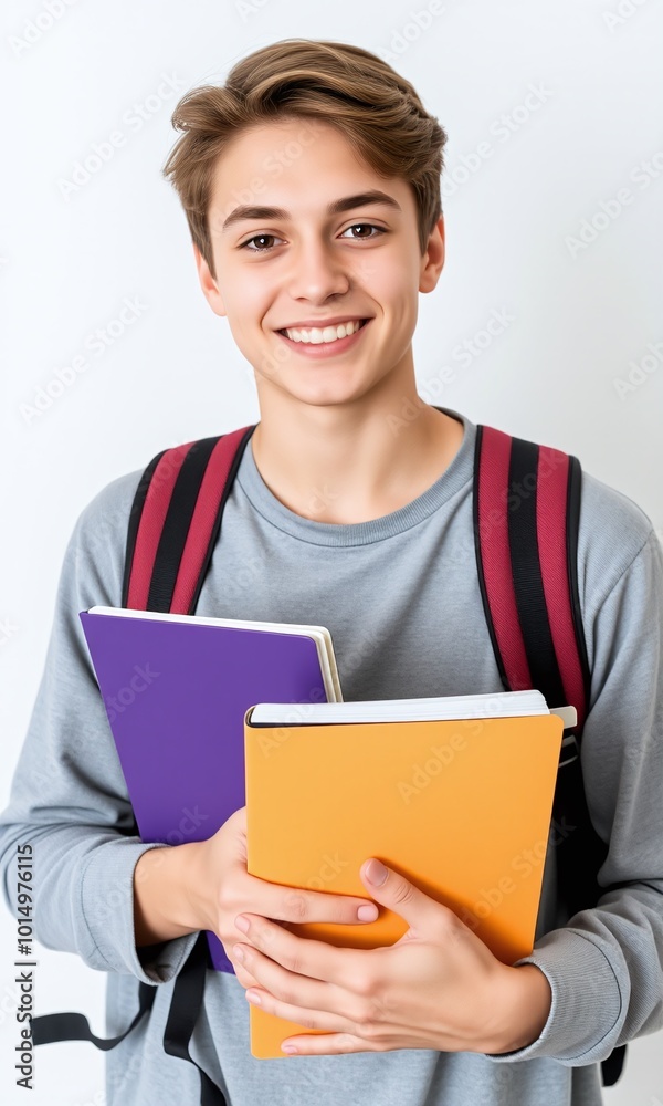 Young student holding notebook backpack smiling studio background Young student holding notebook backpack smiling studio background