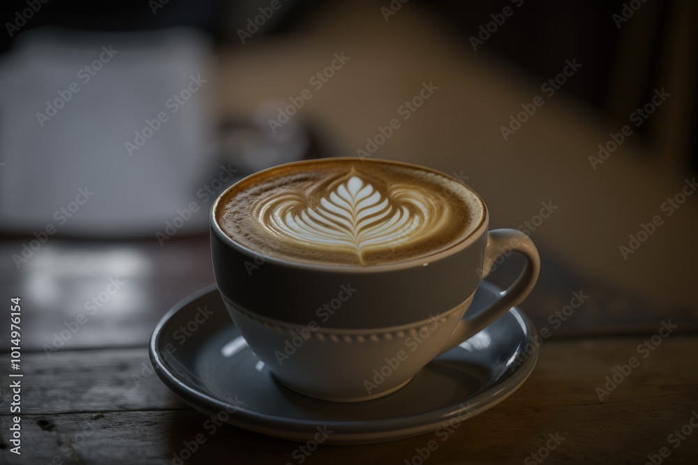 A cup of flat white coffee is on a wooden table. Beautiful crockery mug and saucer. Generative Ai A cup of flat white coffee is on a wooden table. Beautiful crockery mug and saucer. Generative Ai