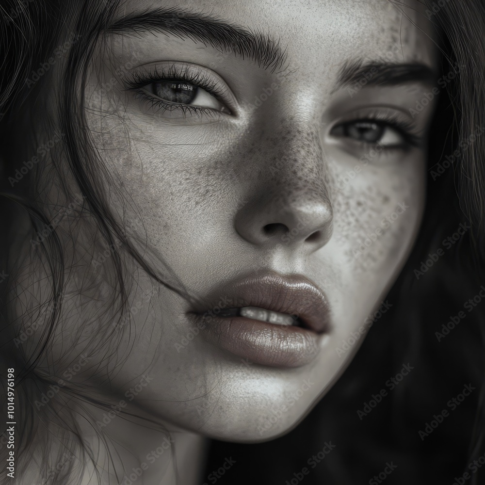 A close-up portrait of a woman with captivating eyes and a soft, natural beauty, featuring subtle freckles and a hint of mystery in her expression. Her gaze draws the viewer in.