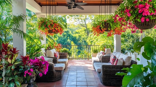 A covered outdoor terrace with hanging planters filled with vibrant tropical flowers, creating a colorful and relaxing space to enjoy the garden view in a tropical setting