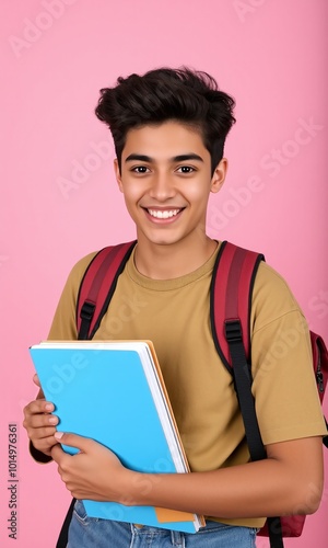 Young student holding notebook backpack smiling studio background