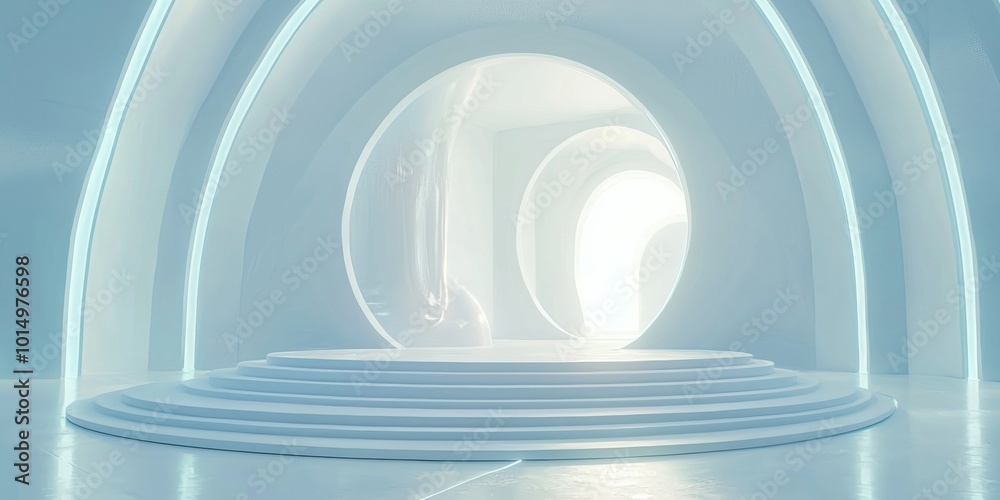 Fototapeta premium White background, circular stage with rounded edges in the center of an abstract space, with soft and gentle lines, high-end feel, light blue gradient, 3D rendering style, symmetrical composition, per