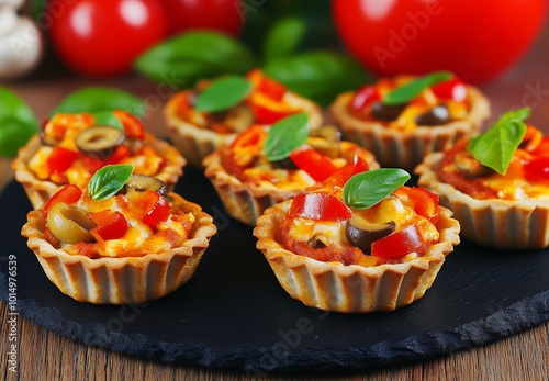 Mini pizza bites with cheese, peppers, olives, and basil.