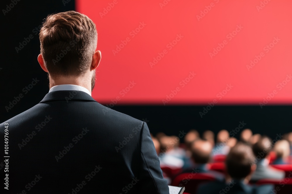 A man in a suit stands before an audience, facing a large red screen, ready to present at a conference or event. A man in a suit stands before an audience, facing a large red screen, ready to present at a conference or event.