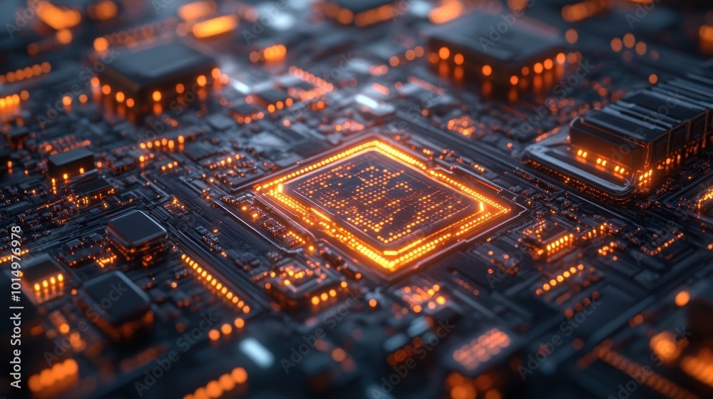 Futuristic digital artwork of abstract technology, captured at a high angle to highlight the intricate geometric patterns. The background is a dark gradient with neon accents Futuristic digital artwork of abstract technology, captured at a high angle to highlight the intricate geometric patterns. The background is a dark gradient with neon accents