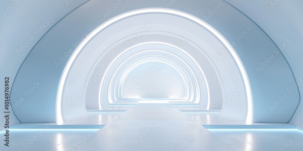 Fototapeta premium White background, circular stage with rounded edges in the center of an abstract space, with soft and gentle lines, high-end feel, light blue gradient, 3D rendering style, symmetrical composition, per