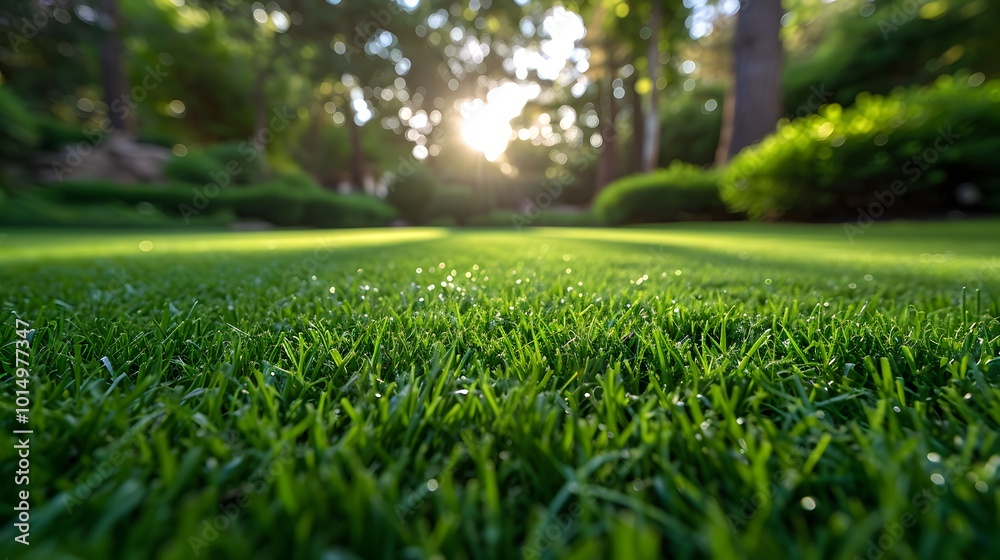 Close-up of Green Grass Blades with Defocused Sunlit Background Close-up of Green Grass Blades with Defocused Sunlit Background