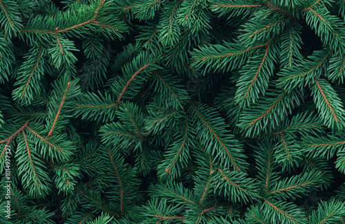 Seamless green background of Christmas fir tree branches, festive New Year pattern