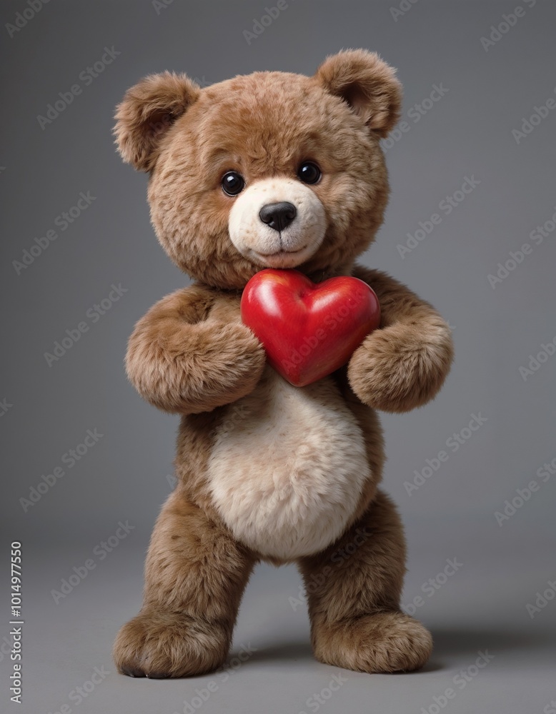 Fototapeta premium Cute teddy bear holding a red heart, displaying affection, plush toy, studio background, copy space