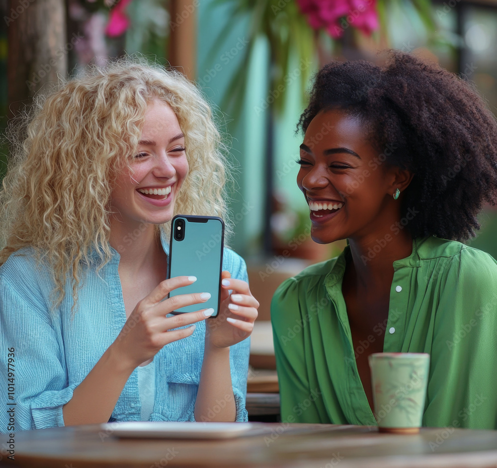Two curly-haired women, blonde and brunette, have fun with their cell phones in a coffee shop Two curly-haired women, blonde and brunette, have fun with their cell phones in a coffee shop