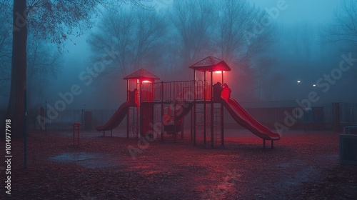 A foggy playground scene illuminated by red lights, creating a mysterious and eerie atmosphere amidst fallen leaves and dark trees.