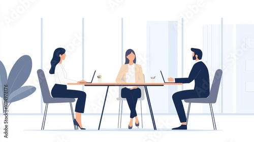 Three professionals engage in a meeting at a modern table, utilizing laptops in a bright office setting.
