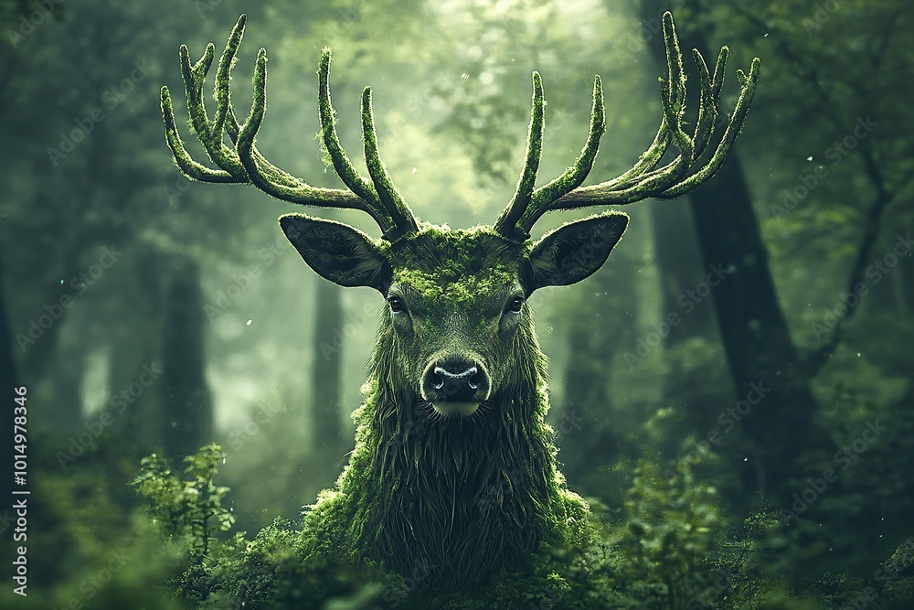 An artistic digital artwork of the head and antlers of a deer with moss growing on them An artistic digital artwork of the head and antlers of a deer with moss growing on them