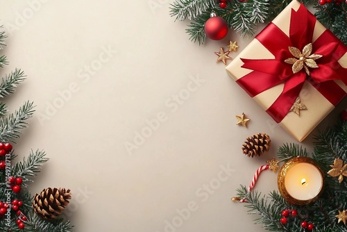 Share your warm wishes with this image idea. Top view of magnificent giftbox with red ribbon, sparkling ornaments, frosty fir, cone, holly berries, candle on light backdrop, ready for personalized ad photo