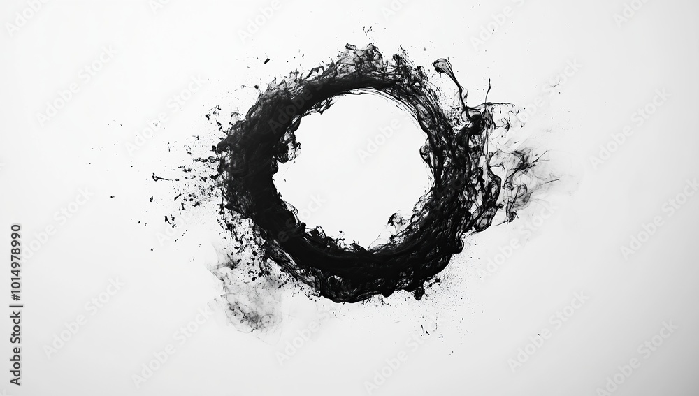 Abstract black ink splash forming a circle on a white background Abstract black ink splash forming a circle on a white background