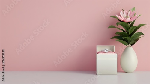 Diamond Ring in White Box with Pink Flower and Pink Wall